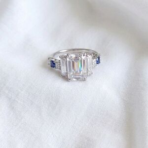 Emerald-Cut Center Stone Ring with Blue Accent Stones